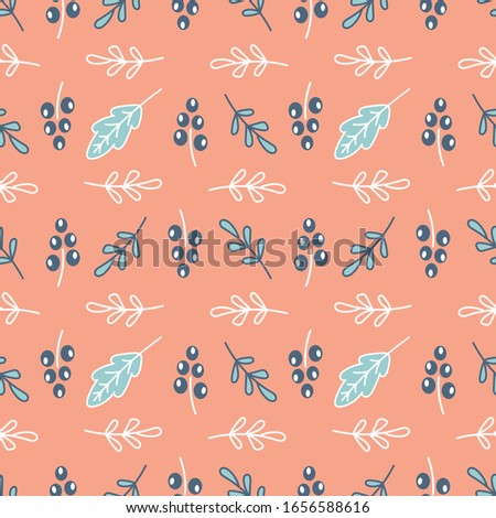 Seamless pattern with Doodle branches, leaves and blue berries on pink. Organic healthy food background. Botanical texture for textiles, paper and more. A hand-drawn vector is flat