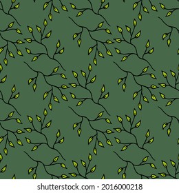 Seamless pattern with doodle branches on dark green background. Vector image.