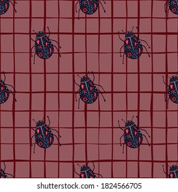 Seamless pattern with doodle bugs ornament. Pastel navy blue insects with red folk ornament on maroon chequered background. Perfect for wallpaper, textile, wrapping, fabric. Vector illustration