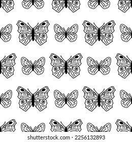 Seamless pattern with doodle butterflies. Hand drawn vector background with insects, line illustration, entomological collection.