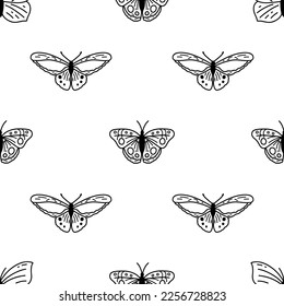 Seamless pattern with doodle butterflies. Hand drawn vector background with insects, line illustration, entomological collection.