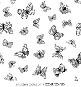 Seamless pattern with doodle butterflies. Hand drawn vector background with insects, line illustration, entomological collection.
