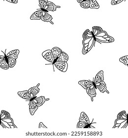Seamless pattern with doodle butterflies. Hand drawn vector background with insects, line illustration, entomological collection.