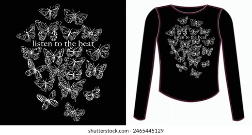 Nahtloses Muster mit Doodle Schmetterlinge gedruckt Design, Frau Y2K Long Sleeve Top Tee Butterfly Print Shirt Cute Kawaii V Neck T-Shirt, E-Girls Herbst Bluse, Hören Sie den Beat, Hand gezeichnet Schmetterling