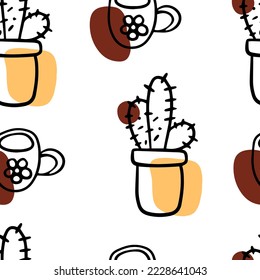 Seamless pattern Doodle cactus, home plant hand drawn