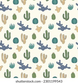 seamless pattern with doodle cactuses 