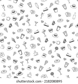 Seamless pattern with doodle cafe with ice cream, hearts, cakes, coffee, tea, cake, cups on a white background.