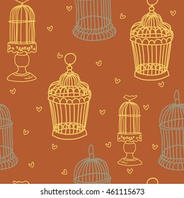 Seamless pattern with doodle cages texture on a colorful background. Vector 