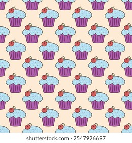 Padrão contínuo com um bolo de doodle com cerejas em um fundo bege