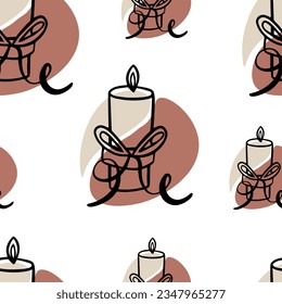 Seamless pattern Doodle candle with ribbon. Church candle. Baptism. Wedding