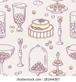 Seamless pattern with doodle candy bar objects. Sweet shop background. Vector illustration in shabby chic style