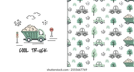 Seamless pattern with doodle cars and dump trucks. Ideal for children's bedding, clothing fabric, wrapping paper, and wallpaper. Vector illustration.