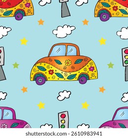 Seamless pattern with doodle cars. Vector illustration.