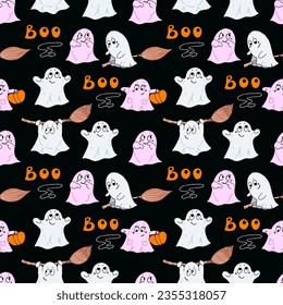 Seamless pattern doodle cartoon funny cute ghosts on black background. Holiday Halloween. Vector illustration for packaging, textile, web design