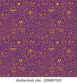 Seamless pattern with doodle cartoon Halloween objects in orange neon color on lilac background. Sketch of ghost, pumpkin, bone, poison, skull, spell book, cat, candle, bat, grave