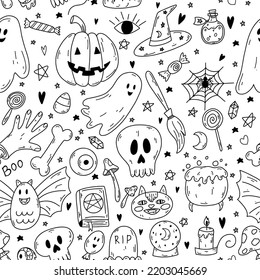 Seamless pattern with doodle cartoon Halloween objects in black color on white background. Sketch of ghost, pumpkin, bone, poison, skull, spell book, cat, candle, bat, grave