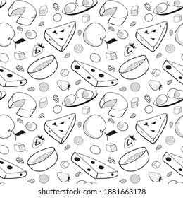 A seamless pattern. Doodle cartoon hipster style colored vector illustration. Italian and Swiss cheeses, olives, honey and apple. Bar restaurant menu ads, poster card, wrapping or textile.