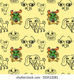 Seamless pattern of doodle cartoon on yellow background