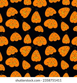 Seamless pattern doodle cartoon pumpkin lanterns with glowing eyes and mouths for Halloween on black background. Vector illustration for for packaging, textiles, wallpapers, web design