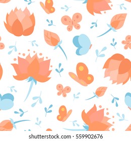 Seamless pattern with doodle cartoon vector floral elements, birds, flowers, lotus and butterfly