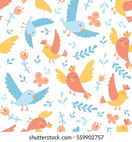 Seamless pattern with doodle cartoon vector floral elements, birds, flowers, lotus and butterfly