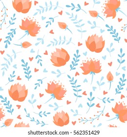 Seamless pattern with doodle cartoon vector floral elements, flowers, lotus
