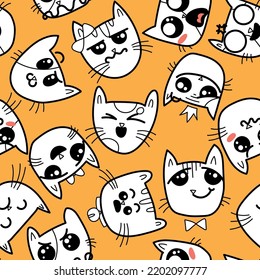 Seamless pattern with doodle cat emoticons. Happy cartoon ornament with pets, big kawaii eyes, cute emotions of home animals, vector illustration of loving and smiling kittens