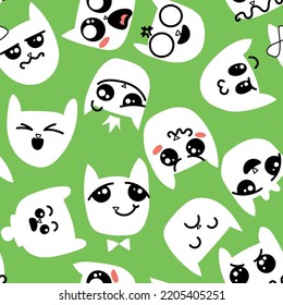 Seamless pattern with doodle cat emoticons. Happy cartoon ornament with pets, big kawaii eyes, cute emotions of home animals, vector illustration of loving and smiling kittens