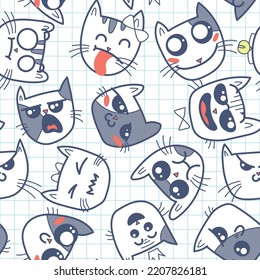 Seamless pattern with doodle cat emoticons. Happy cartoon ornament with pets, big kawaii eyes, cute emotions of home animals, vector illustration of loving and smiling kittens