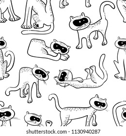 Seamless pattern with doodle cats. Background with funny domestic kitty in line art sketchy style. Vector illustration for design elements, backdrops, wallpapers and textile