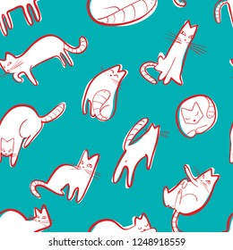 Seamless pattern with doodle cats. Background with  playing kitten in incomlete cute sketchy style. Vector line art  illustration for surface designs, wallpapers, textile and fabrics
