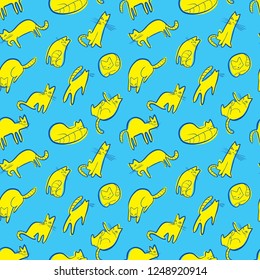 Seamless pattern with doodle cats. Background with  playing kitten in incomlete cute sketchy style. Vector line art  illustration for surface designs, wallpapers, textile and fabrics