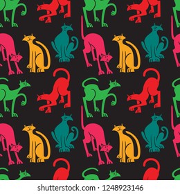Seamless pattern with doodle cats. Background with  playing kitten in incomlete cute flat style. Vector line art  illustration for surface designs, wallpapers, textile and fabrics