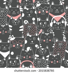 Patrón sin foco con gatos garabatos. Se puede usar para textil, fondo de sitio web, portada de libro, embalaje.