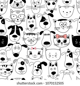 Seamless pattern with doodle cats and dogs. Can be used for textile, website background, book cover, packaging. 