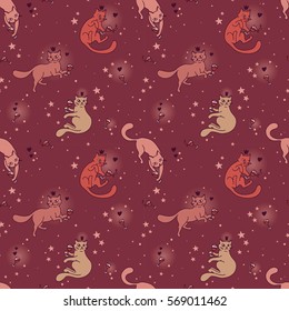 seamless pattern with doodle cats drinking wine, lilac and pink colors, vector illustration