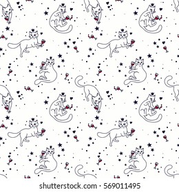 seamless pattern with doodle cats drinking wine, black and white colors and red wine, vector illustration