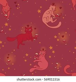 seamless pattern with doodle cats drinking wine, marsala colors, vector illustration