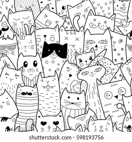 Seamless pattern with doodle cats. Happy friendship day. World animals day. Can be used for textile, website background, book cover, packaging. 