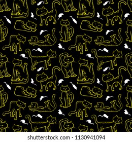 Seamless pattern with doodle cats and mouse. Background with funny domestic kitty and rats in line art sketchy style. Vector illustration for design elements, backdrops, wallpapers and textile