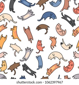 Seamless pattern doodle cats on white background, vector illustration