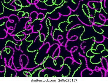 Seamless pattern with doodle chalk lines. Modern acid pink green stroke squiggles drawn by wax pencil on white blackboard. Vector funny colorful wallpaper handdrawn on chalkboard by pastel or charcoal