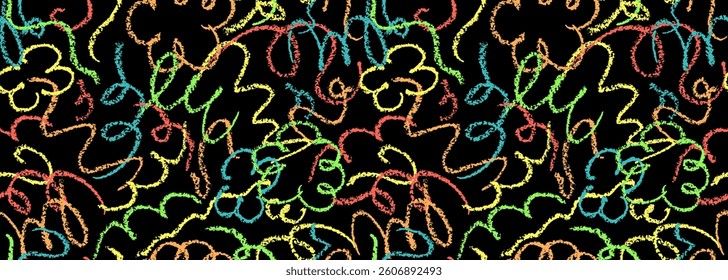 Seamless pattern with doodle chalk lines. Modern red blue green stroke squiggles drawn by wax pencil on black blackboard. Funny colorful wallpaper handdrawn on chalkboard by pastel or charcoal. Vector