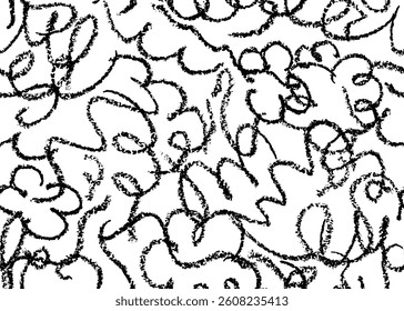 Seamless pattern with doodle chalk lines. Modern black stroke squiggle ornament drawn by wax crayon pencil on white blackboard. Funny bw wallpaper handdrawn on chalkboard by pastel or charcoal. Vector