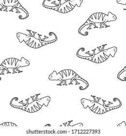 Seamless pattern with doodle chameleons on white background. Reptile background. Reptile pattern with doodle chameleons. Hand drawn chameleons pattern