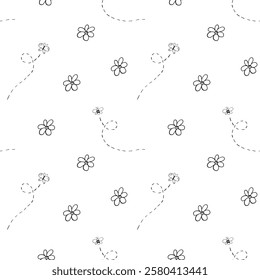 Seamless pattern of Doodle chamomile, bee and butterfly. Hand drawn simple illustration in monochrome black and white colors. Floral background with insect. Outline print for fabric, textile
