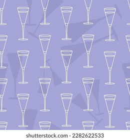 Seamless pattern with doodle champagne glass and champagne glasses silhouettes in the background. Doodle liquor glass, silhouettes of liquor glasses in seamless pattern.
