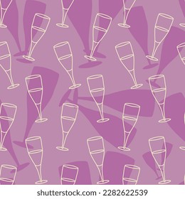 Seamless pattern with doodle champagne glass and champagne glasses silhouettes in the background. Doodle liquor glass, silhouettes of liquor glasses in seamless pattern.