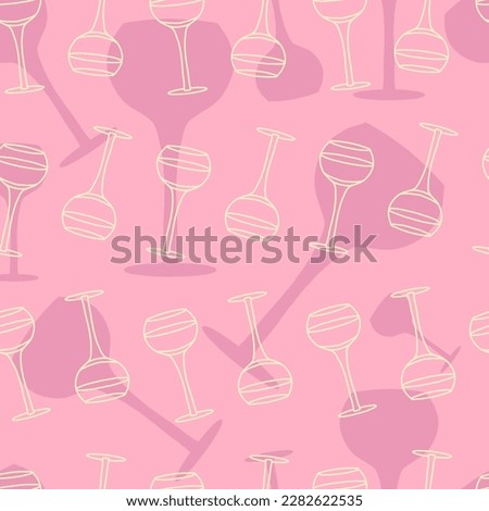 Seamless pattern with doodle champagne glass and champagne glasses silhouettes in the background. Doodle liquor glass, silhouettes of liquor glasses in seamless pattern.