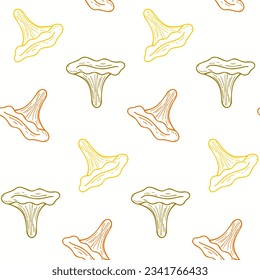 Seamless pattern of doodle of chantarelle mushrooms on isolated background. Hand drawn background for Autumn harvest holiday, Thanksgiving, Halloween, seasonal, textile, scrapbooking, paper crafts.